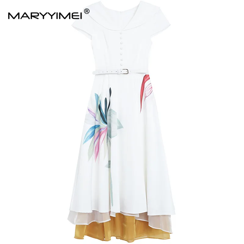 

MARYYIMEI New Fashion Runway Designer Women's Summer V-Neck Short-Sleeved Commuter Style White Printed Belt Mid-Length Dress