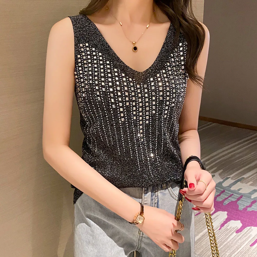 Summer Bright Hot Diamond Tank Top For Women's Loose Sleeveless Ice Silk Suspender Knitted Underlay T-shirts Shinny Ladies Tees
Summer Bright Hot Diamond Tank Top For Women's Loose Sleeveless Ice Silk Suspender Knitted Underlay T-shirts Shinny Ladies Tees