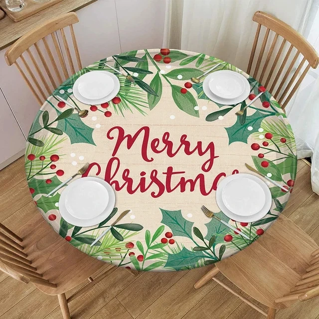 

Christmas Round Tablecloth Fitted Elastic Xmas Red Snowman Snowflake Dining Table Decoration Accessorie Home Kitchen Dining Room