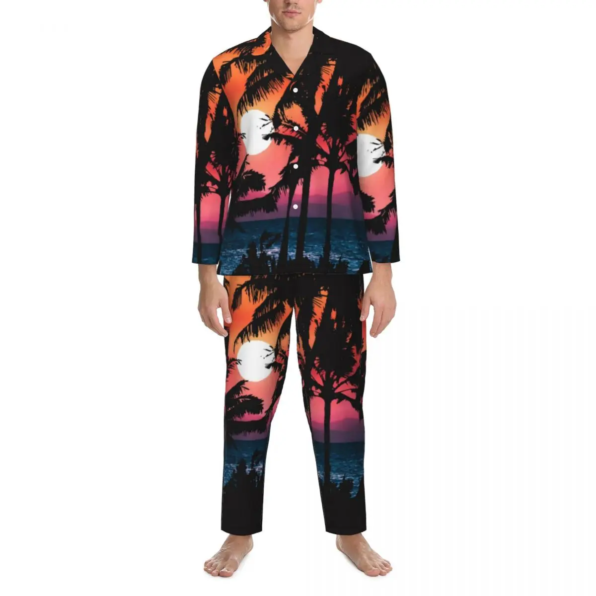 

Summer Sunset Sleepwear Autumn Tropical Palm Trees Casual Loose Oversized Pajamas Set Man Long Sleeves Fashion Night Nightwear