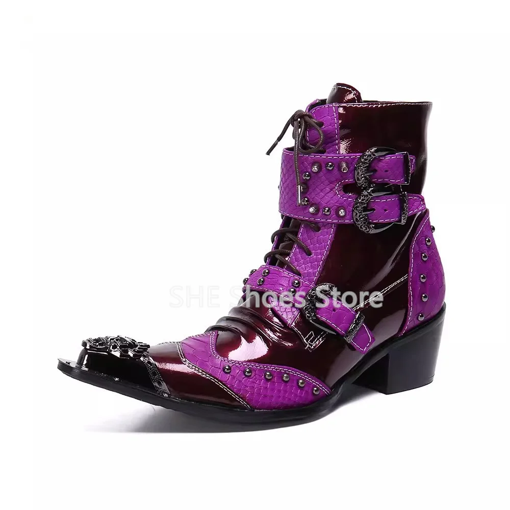 

Punk Style Rivet Belt Decor Men's Motorcycle Boots Fashion Design Metal Toe Chunky Heel Mid-Calf Boots Male Lace-Up Boots