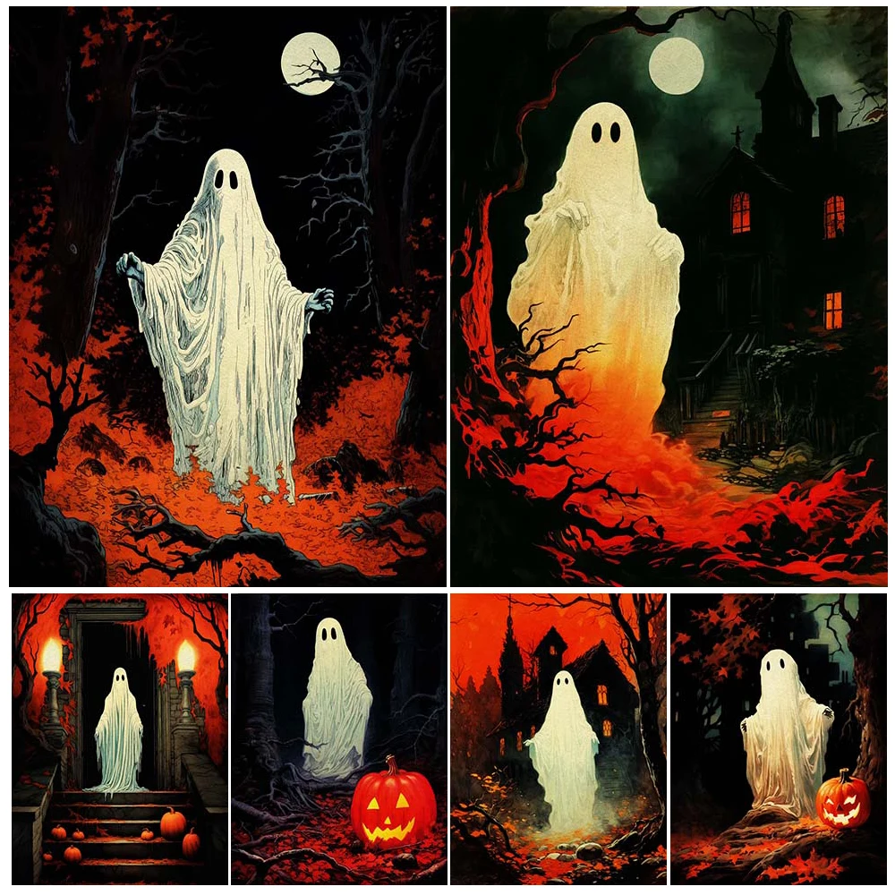 

Halloween Ghosts Vintage Wall Art Canvas Print Ghosts From Haunted House Under Full Moon,Art Poster Print Home Decor Unframed