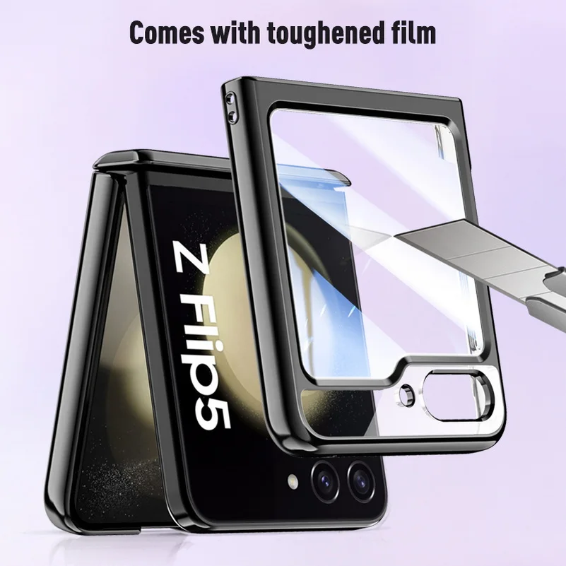 

With Tempered Glass Protective case For Samsung Z Flip 5 Galaxy Z Flip5 Spring Hinge All-inclusive Camera protect Cover