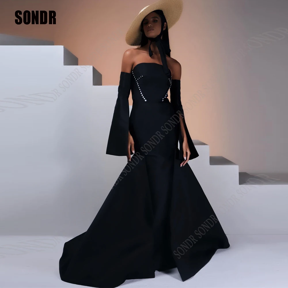 

SONDR Black Mermaid Strapless Saudi Arabic Evening Party Dresses Pleats Sequins Dubai Prom Party Gowns Women Celebrate Dress