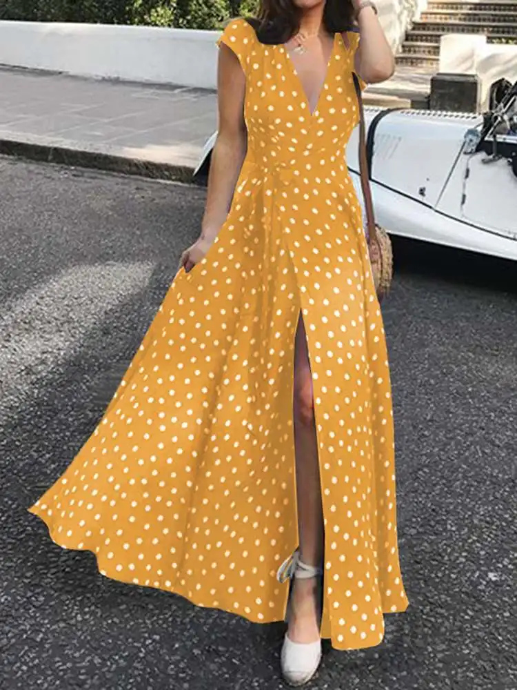 

Women Polka Dot Maxi Dresses Celmia 2023 Summer Sexy V Neck Long Dress Bohemian Slit Hem Casual Short Sleeve Belted Sundress