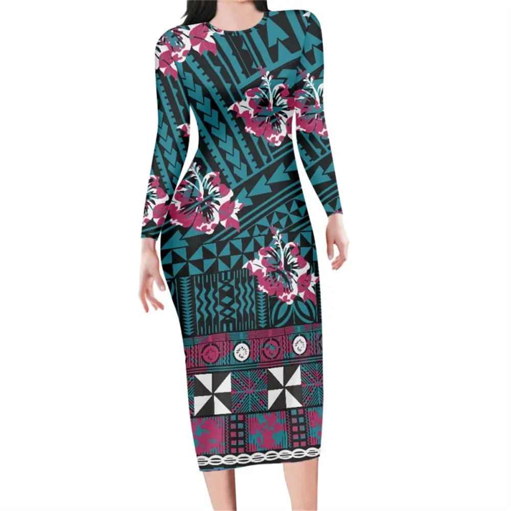 

Sexy Bodycon Long Sleeve Polynesian Tribal Clothing Hawaiian Samoa Puakenikeni Flower Print Custom Women Elegant Dress