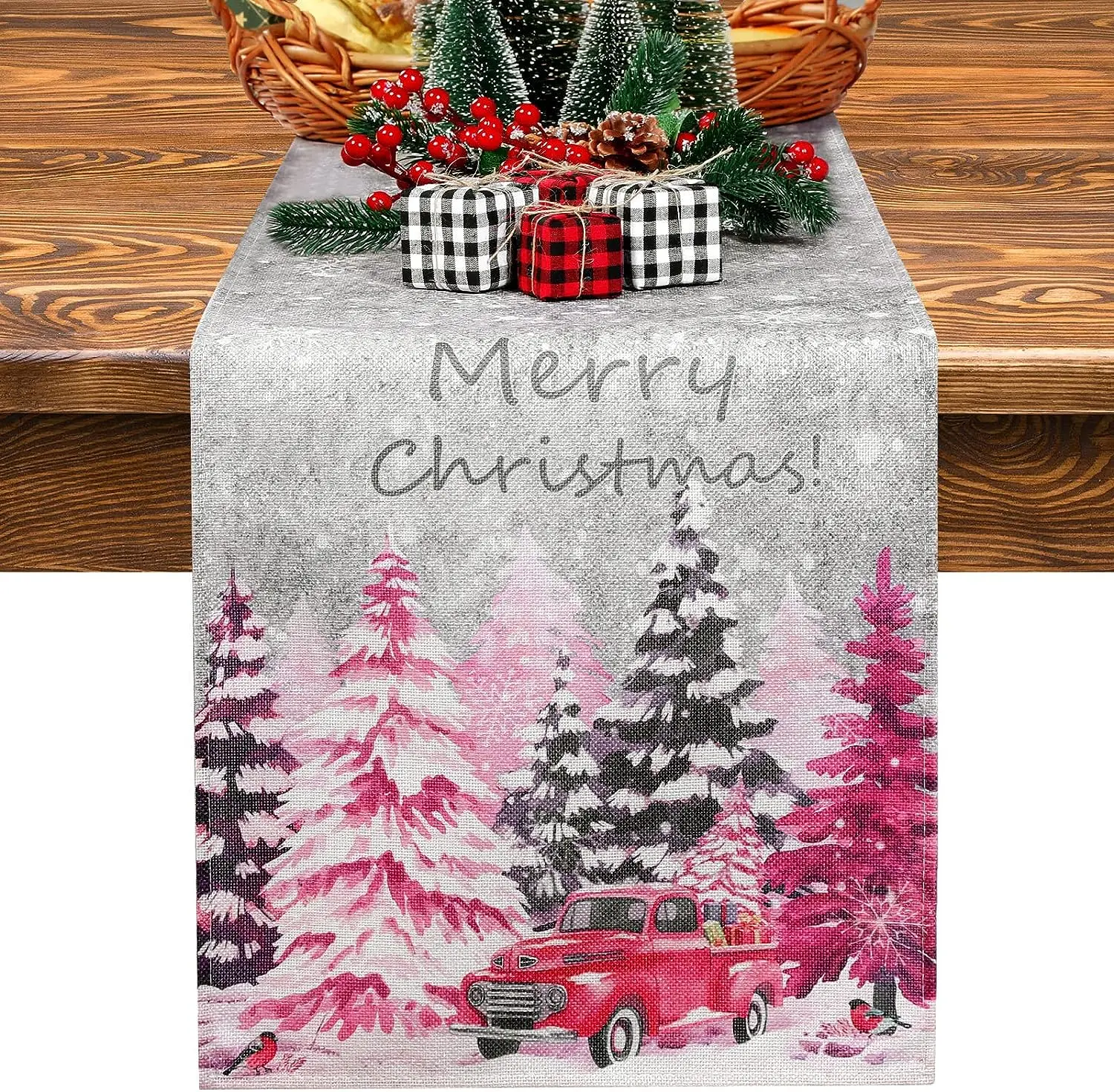 

Christmas Tree Snowflake Red Truck Print Table Runner Merry Christmas Kitchen Table Decorations for Home Party Decoration