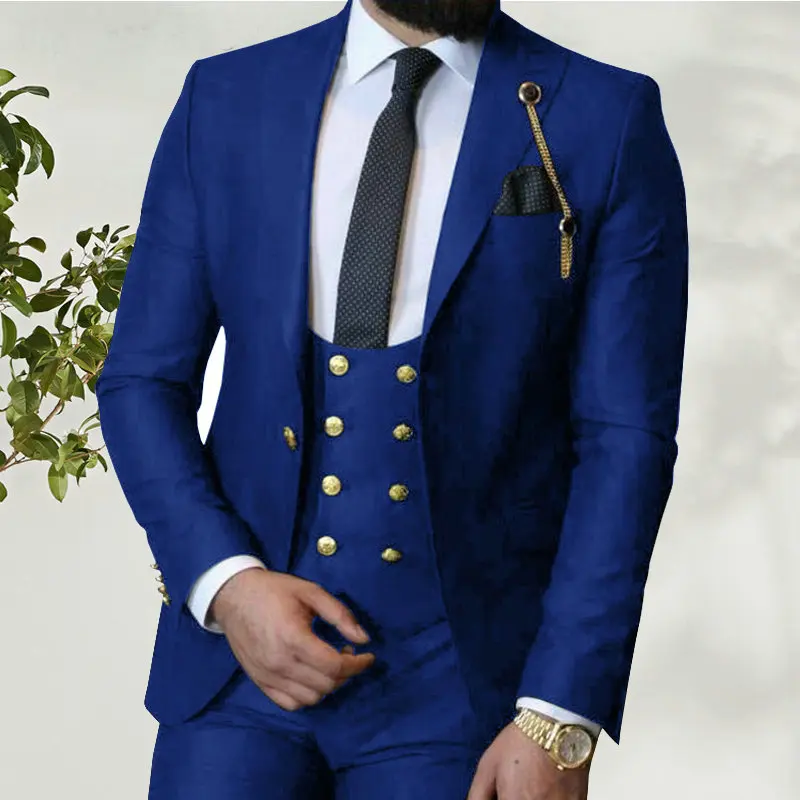 

Tailor Made Royal Blue Peaked Lapel Gold Button Suit Men Slim Fit Groom Tuxedos Business Prom Terno 3 Pieces（Blazer Vest Pants)