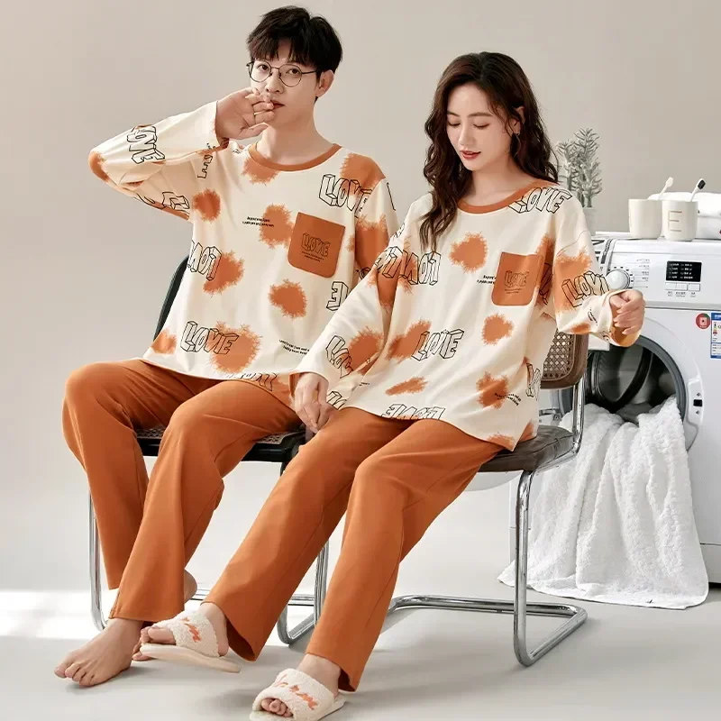 

Топ и корейские Пижамные брюки и мужские подходящие хлопковые Мультяшные пижамы для влюбленных ночная рубашка Симпатичные Длинные пижамы для женщин и пар