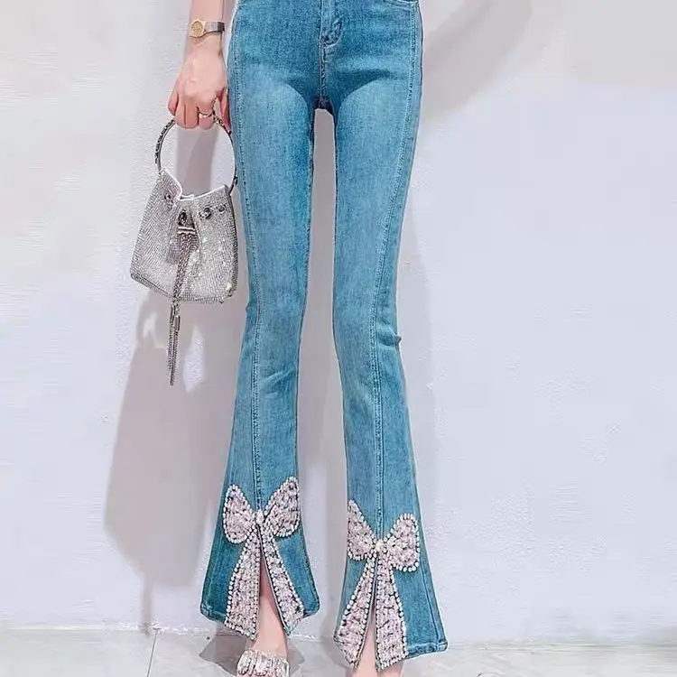 

Women's Bootcut Flare Denin Jeans with Crystal Rhinestone Diamond,Ankle Long,High Waisted Slim Jean Bell Bottom,Plus Size Luxury