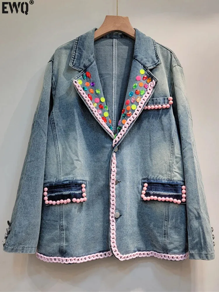 

[EWQ] Y2k Fashion Unique Beaded Single Breasted Denim Jacket With Patchwork Pockets Loose Casual Top 2024 Spring Autumn 16U7161