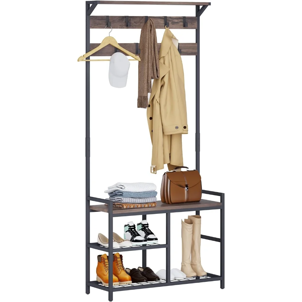 

Coat Rack Shoe Bench, Hall Tree Entryway Bench with Storage, Wood Look Accent Furniture with Metal Frame, 3-in-1 Design