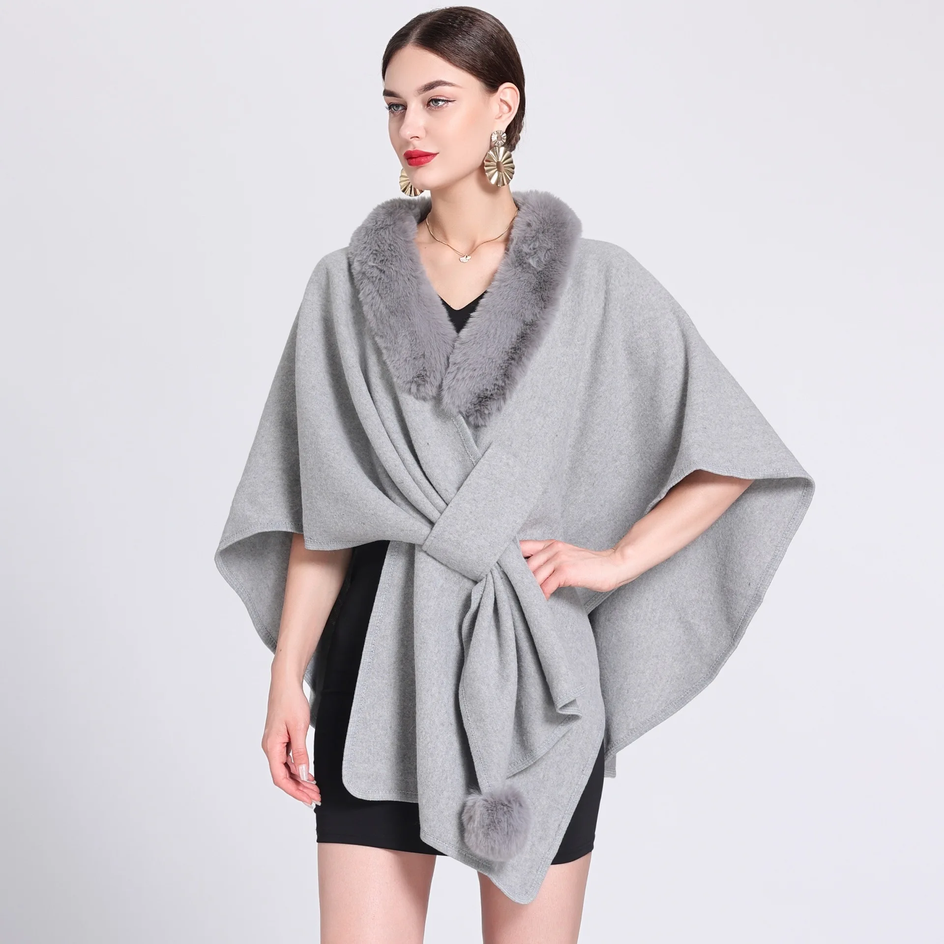 

Winter Womens Faux Cashmere Fur Neck Knitted Poncho Cloak Criss-Cross Belt Pompon Cape Streetwear Shawl Oversize Warm Overcoat