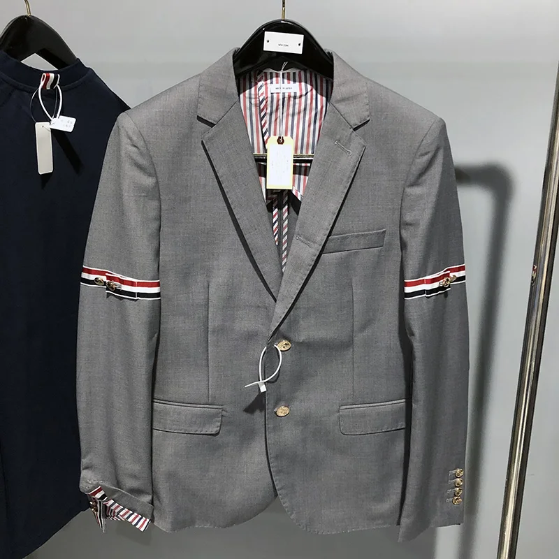

High Quality New TB Style Classic Double Sleeve Red, White Blue Stripes Gold Button High Waist Short Coat Casual Suit Small Suit