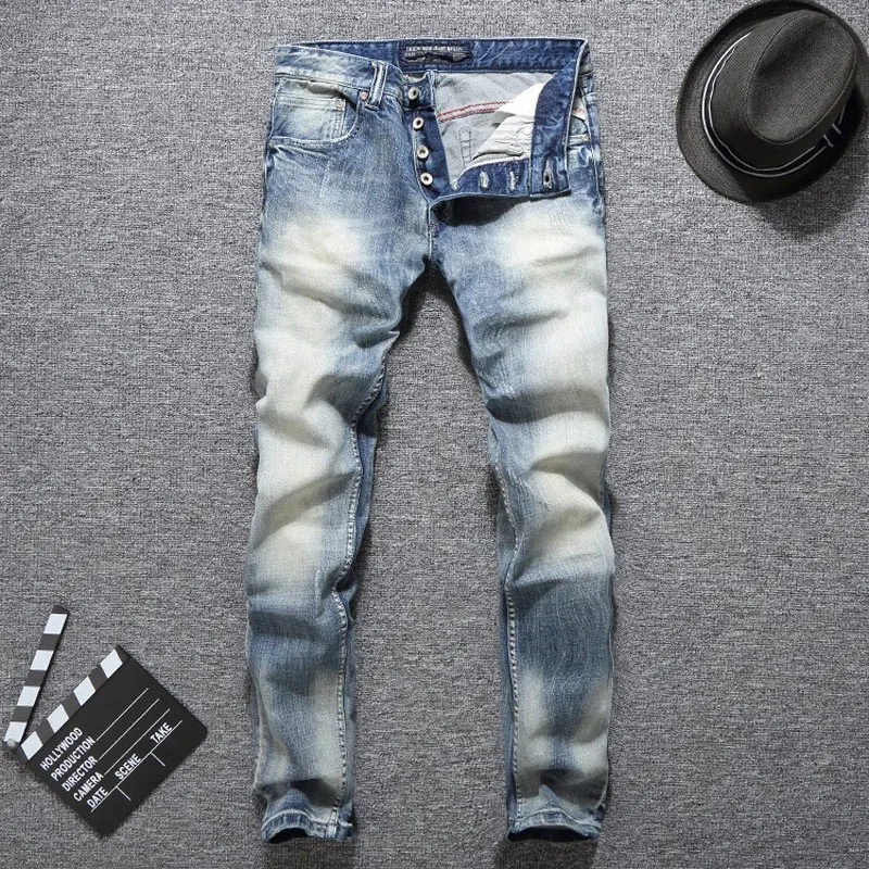 

Fashion Designer Men Jeans High Quality Retro Light Blue Stretch Slim Fit Ripped Jeans Men Button Fly Vintage Denim Pants Hombre
