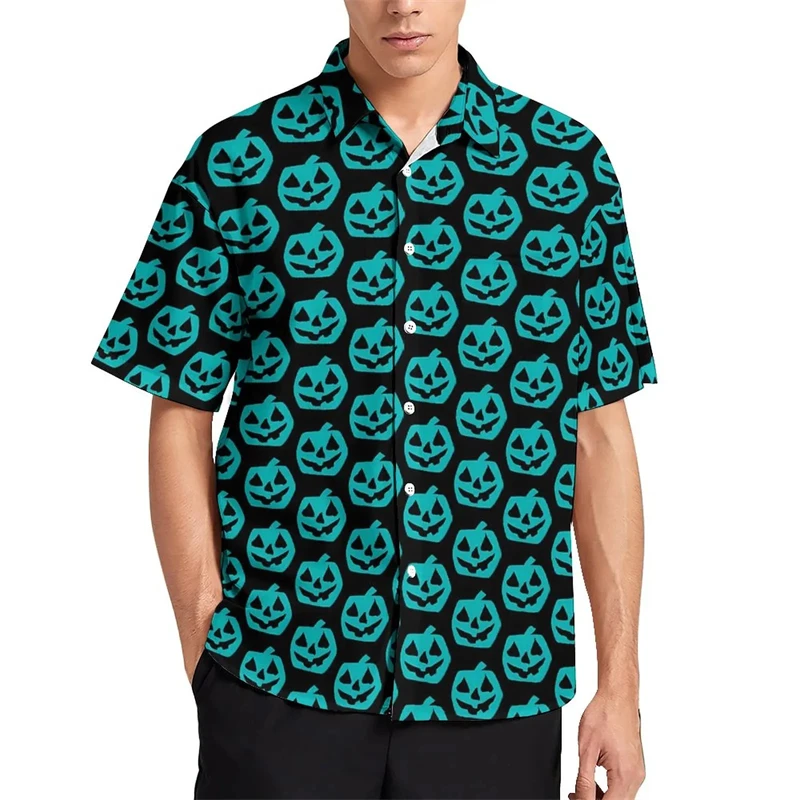 

Блузка мужская с забавным рисунком тыквы и конфет, модная пляжная рубашка с 3D принтом в подарок на Хэллоуин, уличная одежда, топ с коротким рукавом и пуговицами для мальчиков