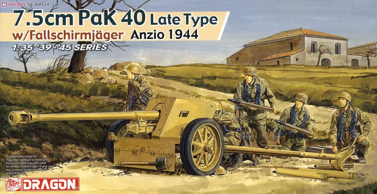 

Dragon 6250 1/35 Scale 7.5cm Pak40 Late Production w/Fallshirmjager (1944 Anzio) Model Kit