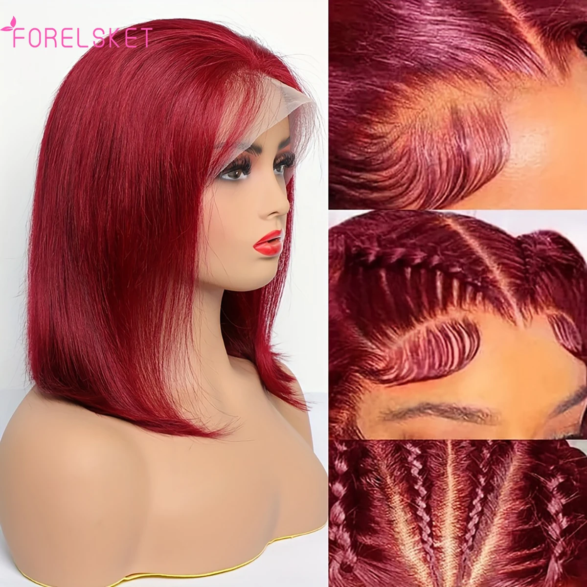 

99J Burgundy HD Transparent Short Bob Human Hair Wigs Peruvian 99J Red Straight 13x4 Lace Front Wig For Women Pre Plucked