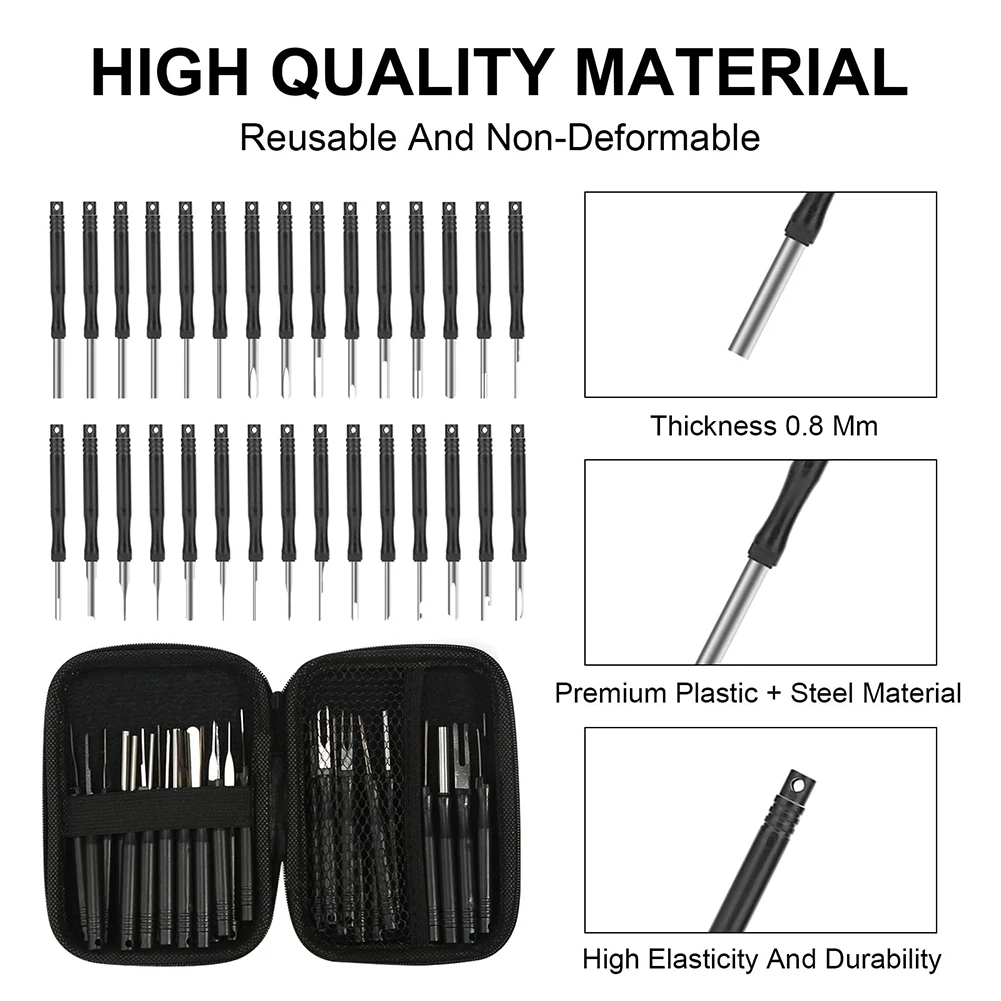 30PS Car Cable Plug Removal Tool Pin Extractor Repair Remover Key Tools Box Package 30 Different Sizes 0.8mm Thick Car Repair
30PS Car Cable Plug Removal Tool Pin Extractor Repair Remover Key Tools Box Package 30 Different Sizes 0.8mm Thick Car Repair
