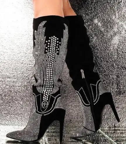

Luxury Women Fashion Black Apricot Suede Bling Crystal Rhinestone Pointed Toe Thin Heels Knee High Boots Hot Drill Long Botas
