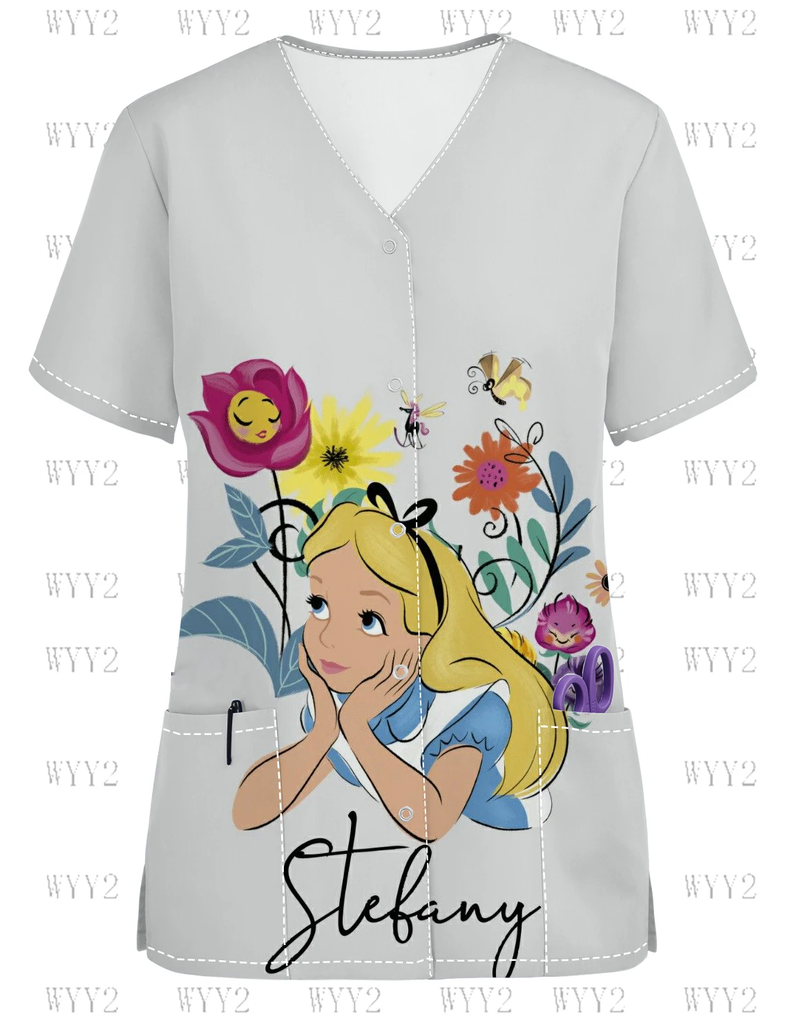 Summer Women's Jacket Christmas Cartoon Pocket V-Neck Print Scrub Top Print Disney Alice in Wonderland Uniform Cardigan T-Shirt
Summer Women's Jacket Christmas Cartoon Pocket V-Neck Print Scrub Top Print Disney Alice in Wonderland Uniform Cardigan T-Shirt