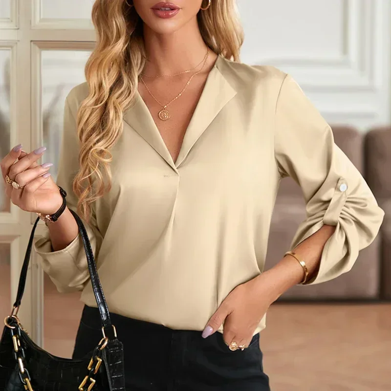 

Элегантная атласная офисная блузка с длинным рукавом, Женская Модная элегантная рубашка с V-образным вырезом, женские повседневные однотонные шелковые свободные топы, блузы для женщин 30328
