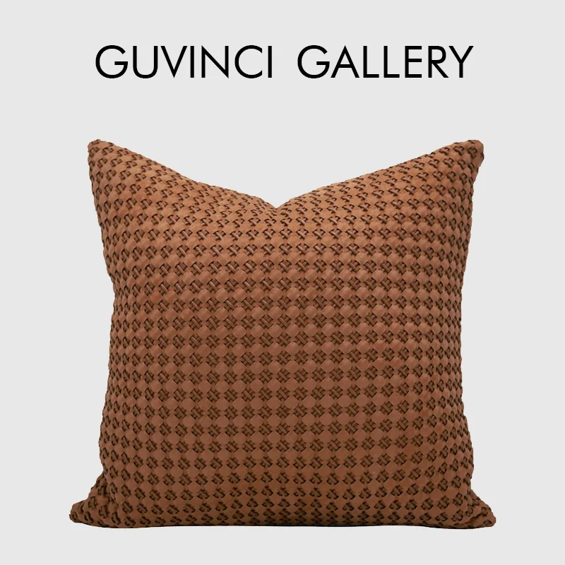 

GUVINCI H Style Orange PU Leather Geometry Hand Woven Cushion Cover Luxury Accent Decorative Throw Pillow Case For Villa Hotel
