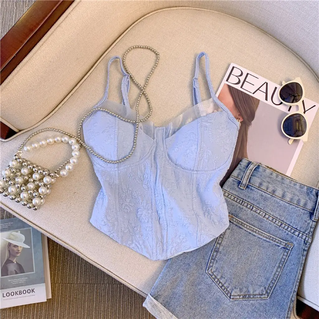 

Blue Fishbone Cinched Waistcoat Women's Summer Underwear Camisole Irregular Hem Jacquard Crop Top Short Beauty Back Top