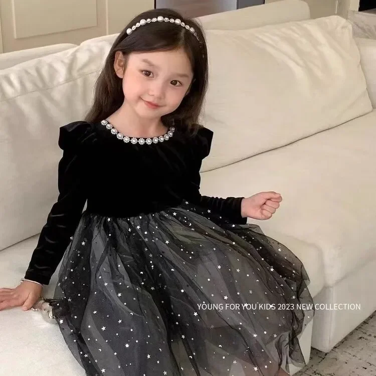 

Girl Dress New Autumn and Winter Girls New Black Pearl Heavy Industry Little Black Dress Starry Skirt Gauze Princess Dress