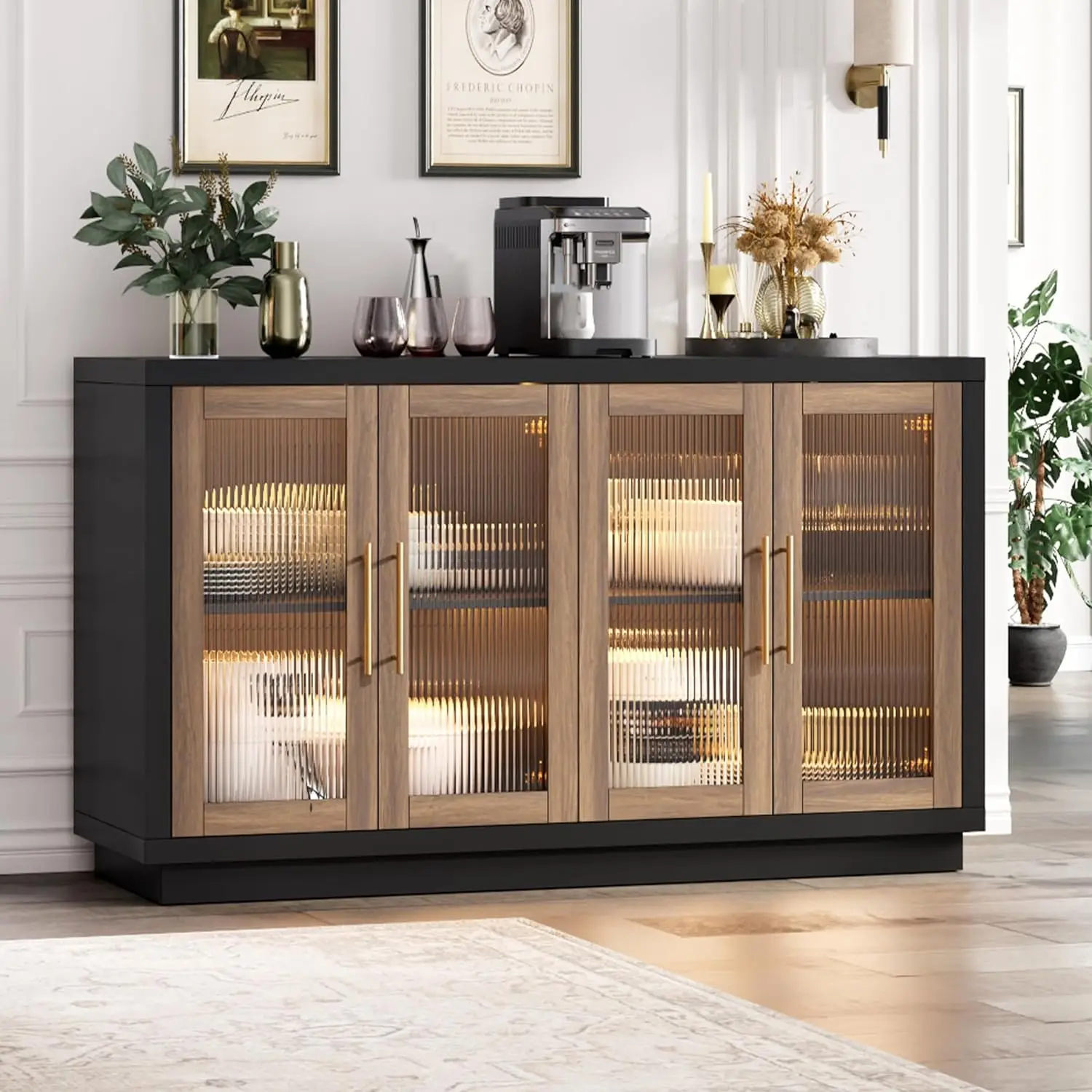 55.1" Large Sideboard Wood Coffee Buffet Cabine Table with storage, Modern Sideboard Kitchen Cabinet with 4 Fluted Glass Doors 
55.1" Large Sideboard Wood Coffee Buffet Cabine Table with storage, Modern Sideboard Kitchen Cabinet with 4 Fluted Glass Doors