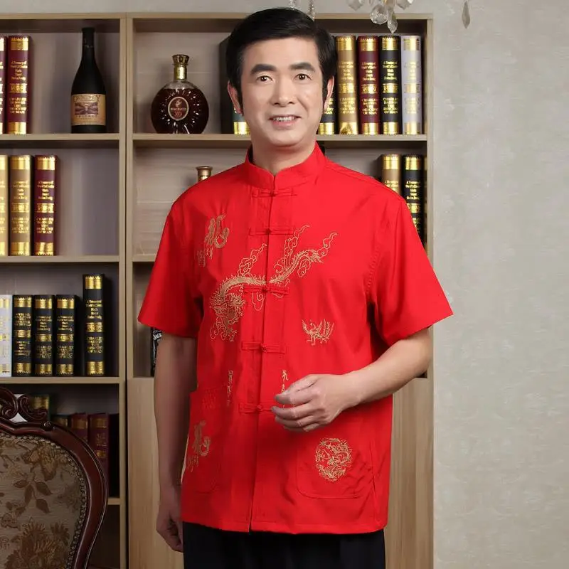 

Chinese Traditional Tang Clothing Top Mandarin Collar Wing Chun Garment Top Kung Fu Short Sleeve Embroidery Dragon Shirt M-Xxxl