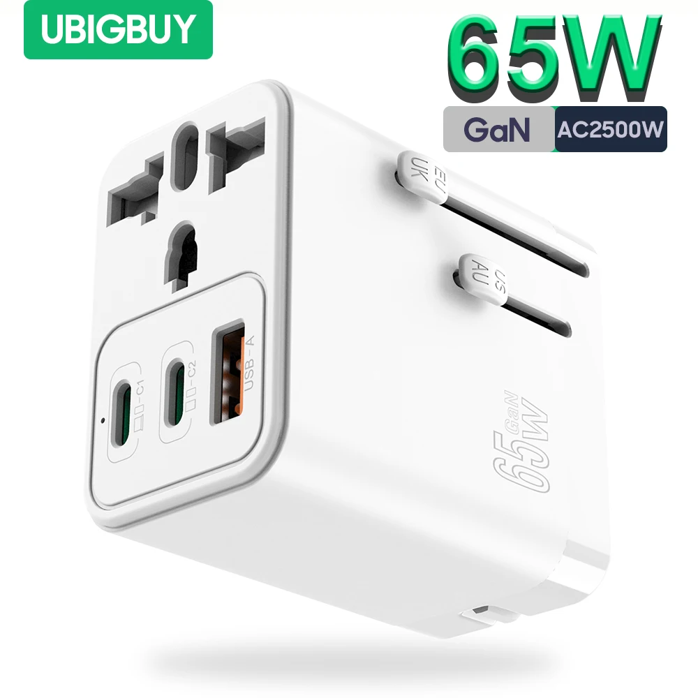 

Ubigbuy Universal Travel Adapter, 65W GaN Charger with UK EU AU US Plugs, 2USB-C PD and USB-A QC3.0 for Laptops Tablets Phones