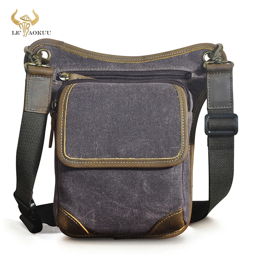 

Hot Sale Canvas+Quality Crazy Horse Leather Men Fashion Blue Small Belt Messenger Bag Design Fanny Waist Pack Drop Leg Bag 211-1