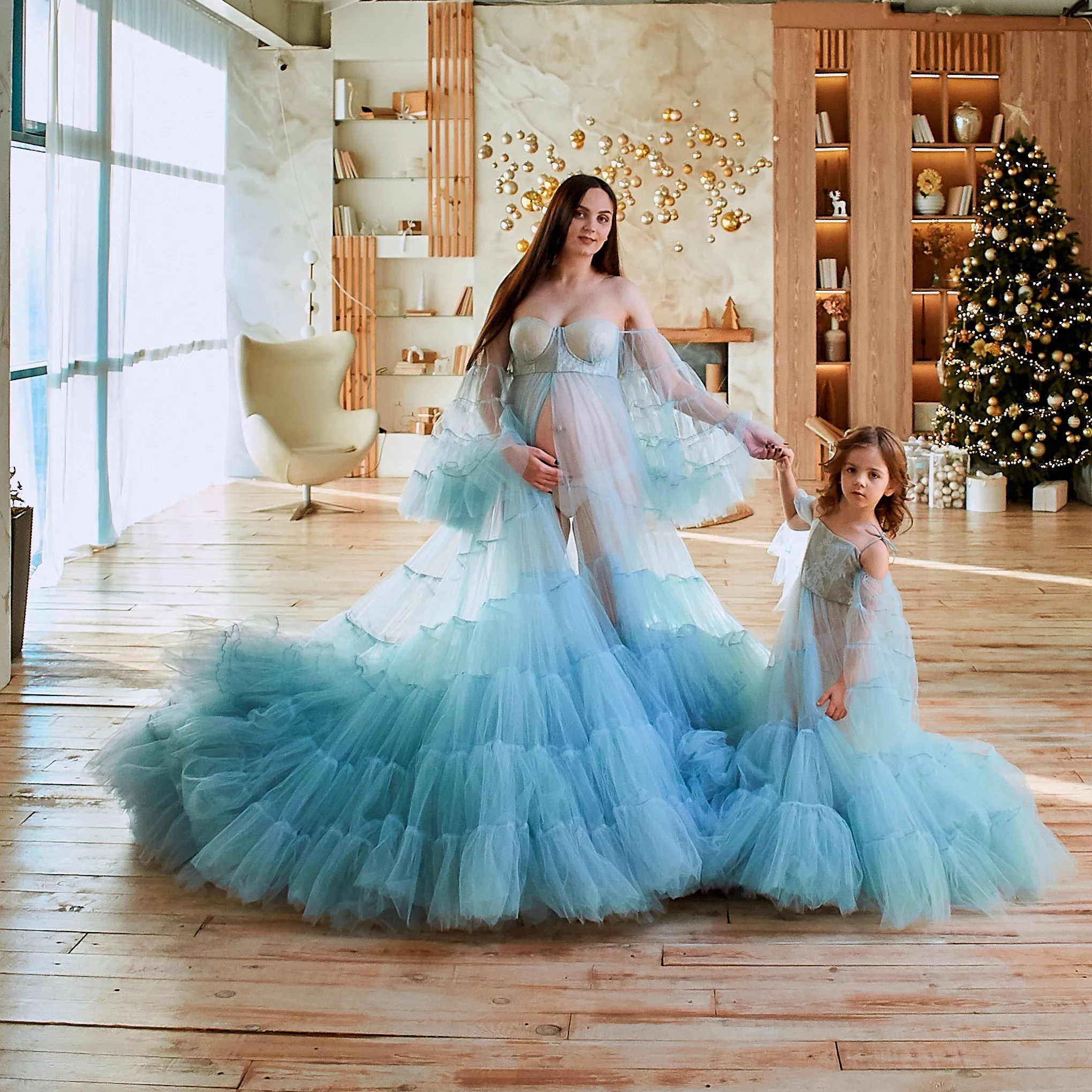 

Charming Mother And Daughter Tulle Matching Dresses For Photo Shoot Ruffles Mom And Me Formal Dress Gowns Custom Made 2024