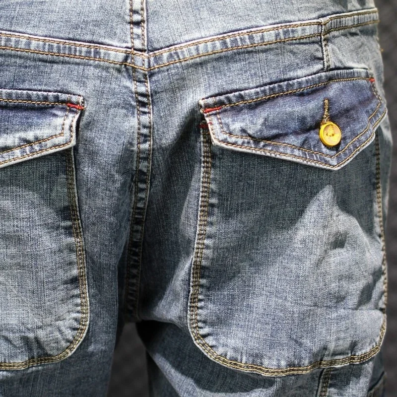 

Style Japan Loose Hip Hop Jeans Men Multi-pocket Washed Straight Cargo Pants Street Light Blue Harem Denim Pants Plus Size 42