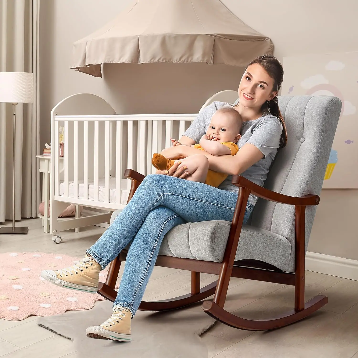 Comfort corner Upholstered Rocking Chair with Fabric Padded Seat,Solid Wood for Living Room,Modern High Back Armchair
Comfort corner Upholstered Rocking Chair with Fabric Padded Seat,Solid Wood for Living Room,Modern High Back Armchair