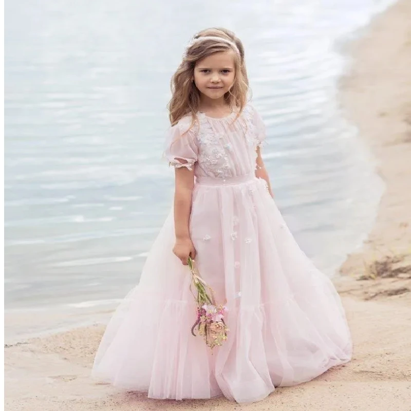 

Flower Girl Dress For Wedding Tulle Puffy Short Sleeve Floor Length Applique Kids Birthday Party First Communion Ball Gowns Wear