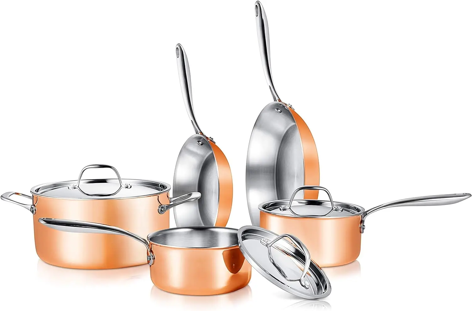 

Pcs. Stainless Steel Kitchenware Pots & Pans Set Stylish Kitchen Cookware w/Cast SS Handle, Tri-Ply Authentic Copper, for Sa Alu