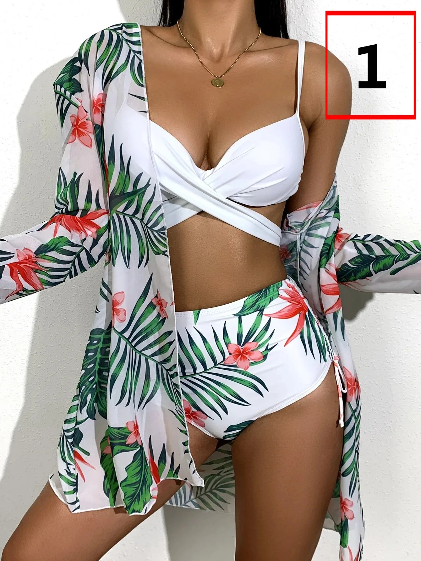 

2022 New Sexy Three Pieces Bikini Set Cover Up Swimwear Women Swimsuit Print Long Sleeve Bathing Suit Beachwear Swimming Biquini