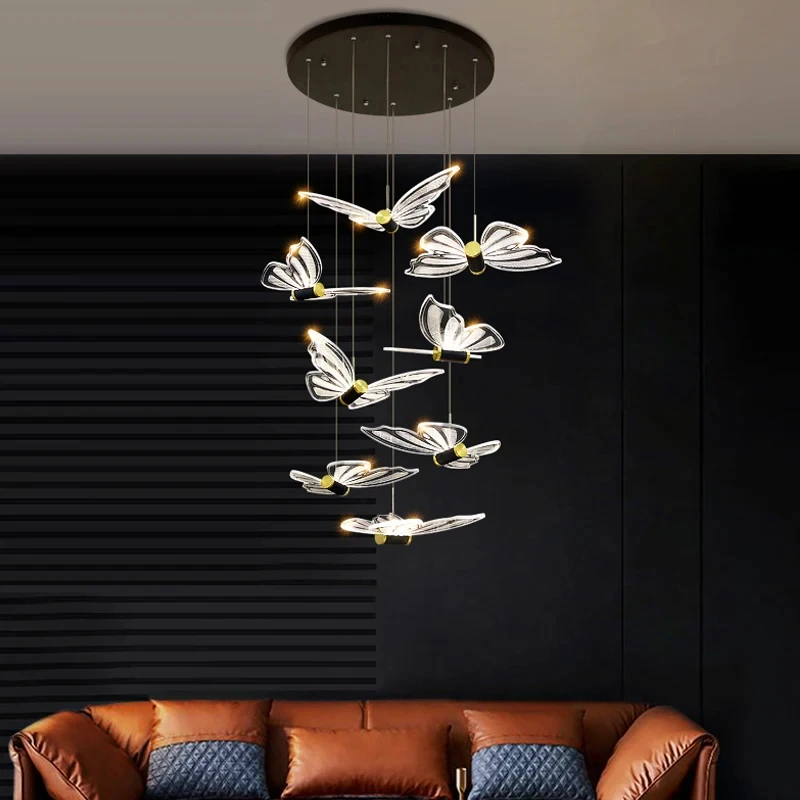

Современная светодиодная люстра в виде бабочки, скандинавский двойной потолочный светильник для лестниц, длинная лампа для виллы, квартиры, ресторана, освещение для помещений, блеск