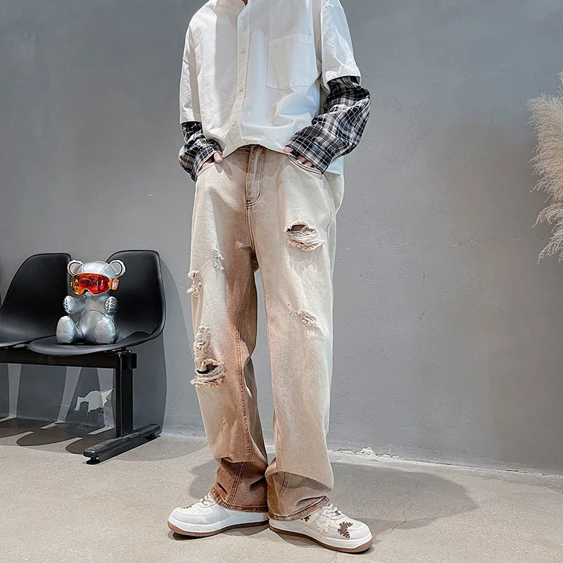 2022 Men's Baggy Homme Cargo Pocket Jeans Mens Beggar Hole Casual Pants Gradient Worn Brown Straight Pants Biker Denim Trousers
2022 Men's Baggy Homme Cargo Pocket Jeans Mens Beggar Hole Casual Pants Gradient Worn Brown Straight Pants Biker Denim Trousers