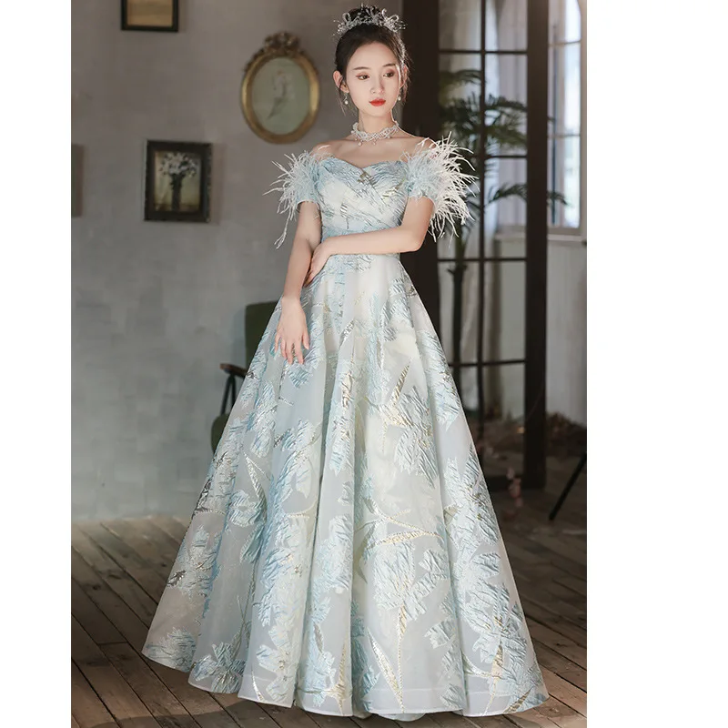 Princess Elegant Off Shoulder Long Formal Evening Dress Women Blue Print Feather Prom Party Gowns
Princess Elegant Off Shoulder Long Formal Evening Dress Women Blue Print Feather Prom Party Gowns