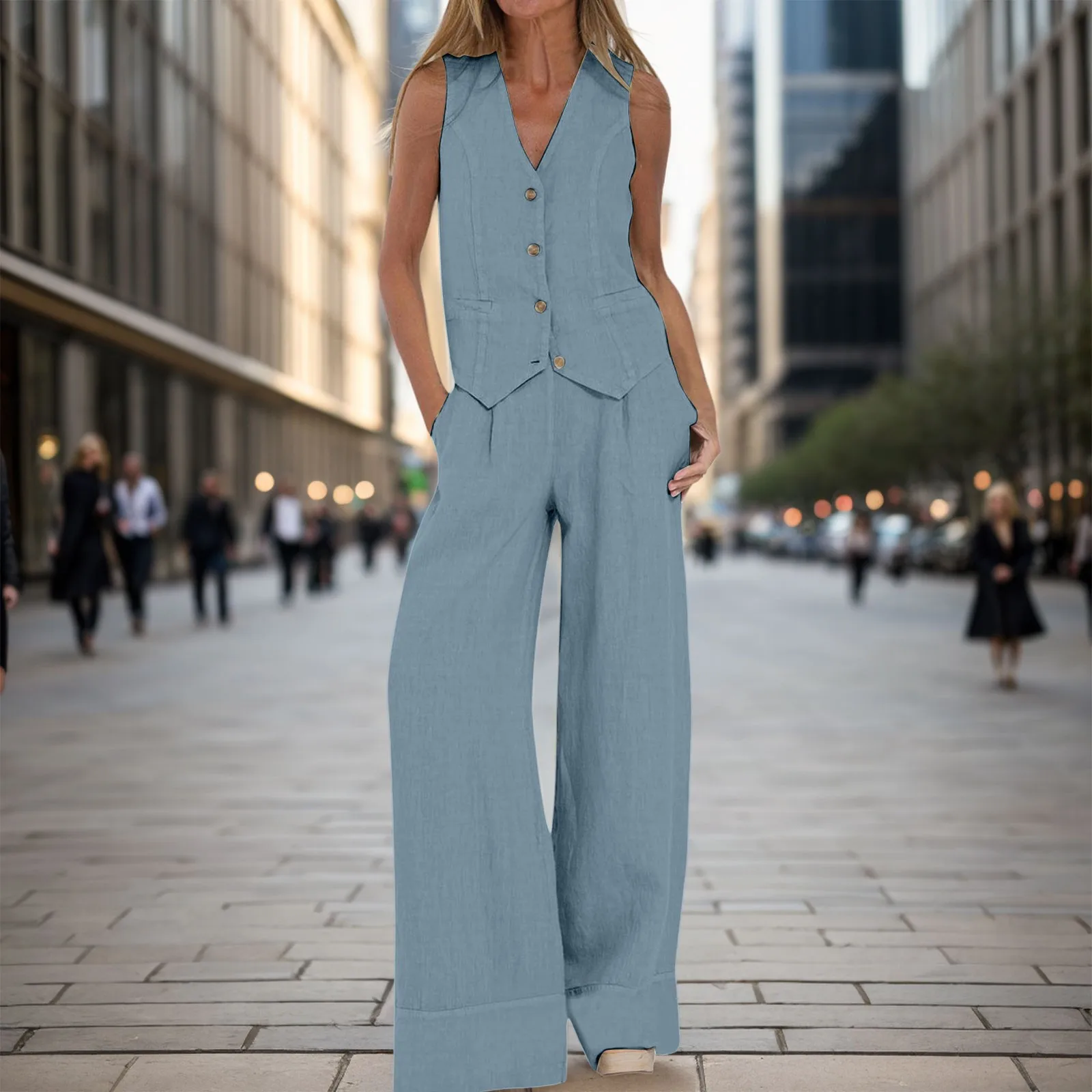 Women 2 Piece Blazer Set Casual Cotton Linen Sleeveless Button Vest Wide Leg Pants Set Streetwear Aesthetic Clothes
Women 2 Piece Blazer Set Casual Cotton Linen Sleeveless Button Vest Wide Leg Pants Set Streetwear Aesthetic Clothes