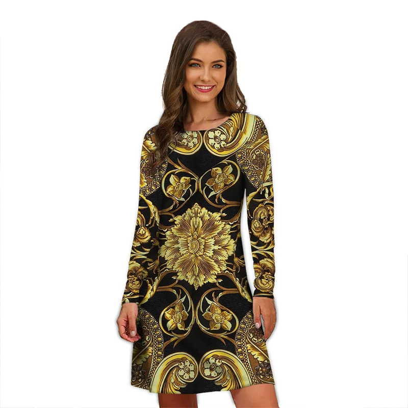 Fashion Casual Women Gold Metallic Print Loose Long Sleeve Dress A Line Skirt
Fashion Casual Women Gold Metallic Print Loose Long Sleeve Dress A Line Skirt