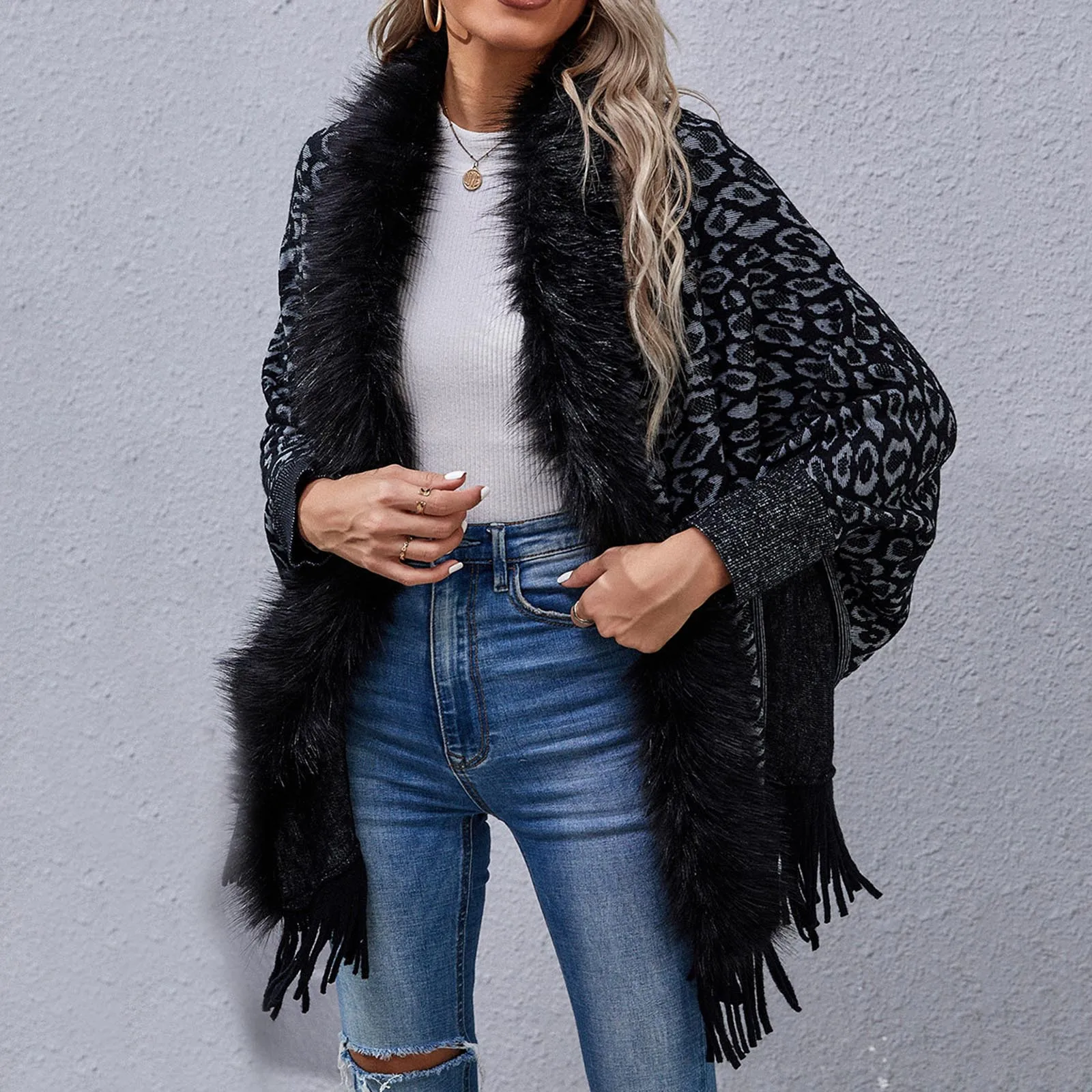 

Womens Houndstooth Print Fluff Collar Cloak Knitted Capes Shawl Tassel Open Front Cardigans Sweater Coat