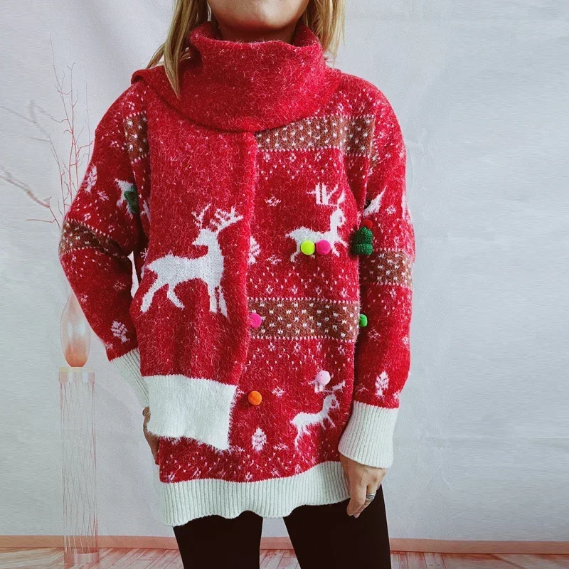 Casual Jumper Autumn Winter Knitted Imitation Mink Deer Snowflake Jacquard Ball Christmas Sweater Scarf two-piece set Women Tops
Casual Jumper Autumn Winter Knitted Imitation Mink Deer Snowflake Jacquard Ball Christmas Sweater Scarf two-piece set Women Tops