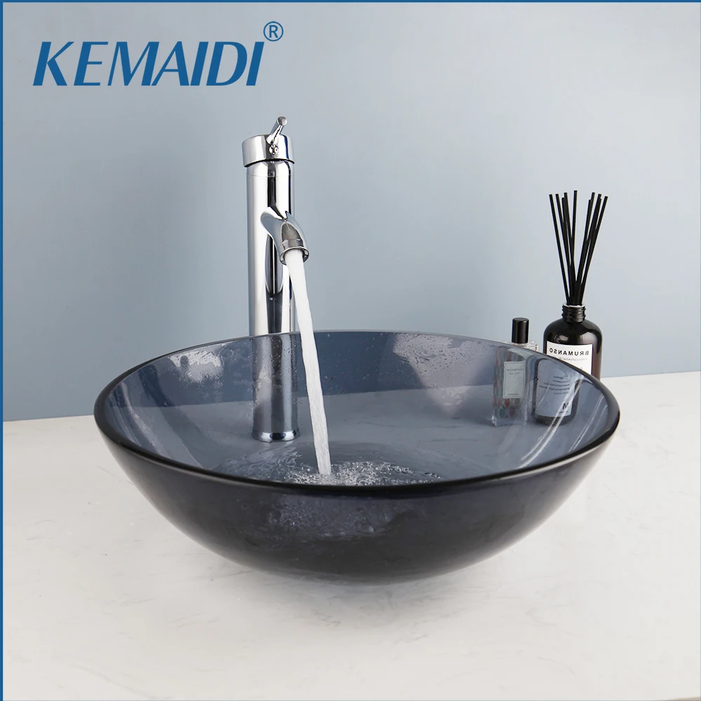 

KEMAIDI Bathroom Basin Round Bowl Sink Washbasin Faucet Combo Grey Bathroom Vessel Basin Sinks w/ Hot Cold Water Mixer Faucets