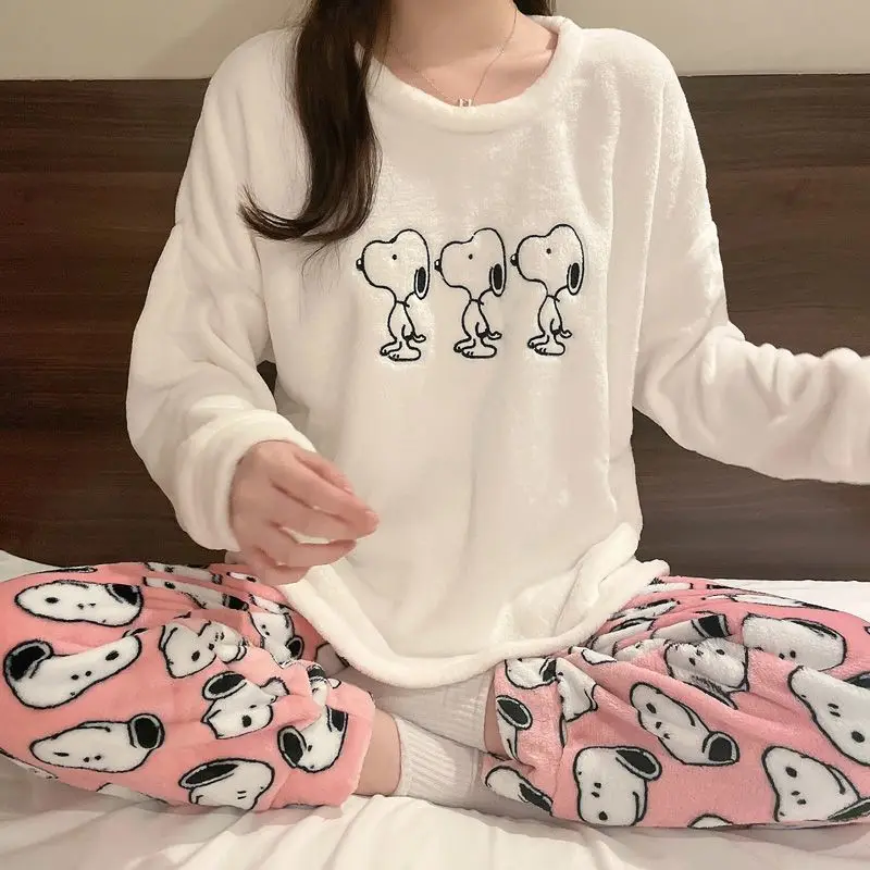 

Snoopy Коралловая бархатная Пижама Милая мультяшная девочка женская зимняя кавайная утолщенная бархатная теплая фланелевая Домашняя одежда комплект