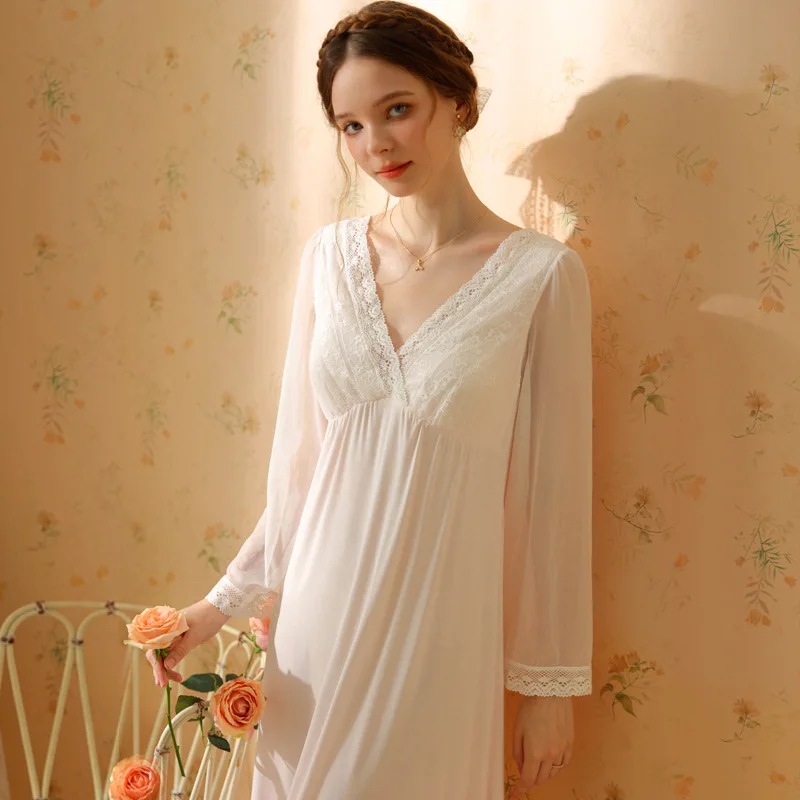 

Vintage Modal Solid Color Nightgown Romantic Princess Sleepwear Fairy Women V Neck Nighty Nightwear Sweet Lace Long Night Dress