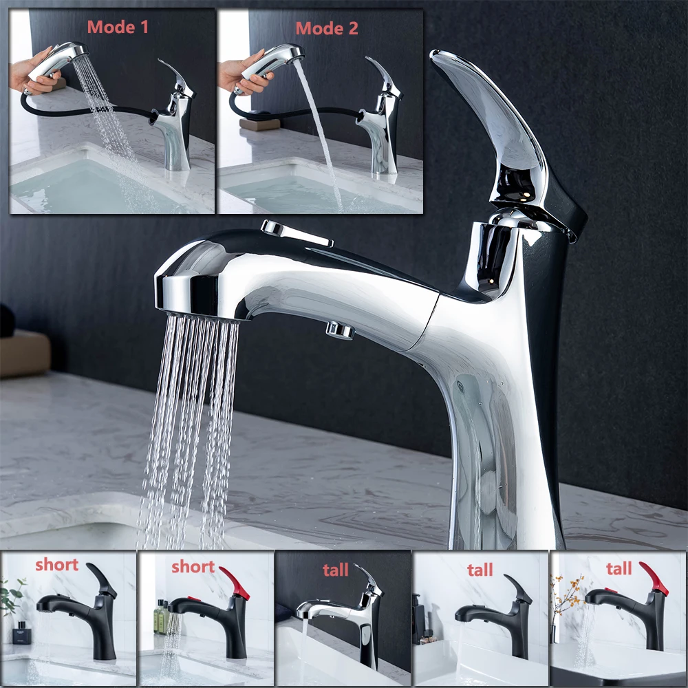 

SKOWLL Pull Out Bathroom Faucet Deck Mount Vanity Sink Faucet with 2 Function Sprayer ,Polished Chrome H3402